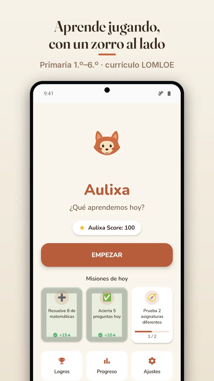 Pantalla de inicio de Aulixa: aprende jugando, con un zorro al lado