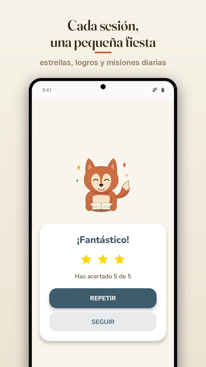 Pantalla de celebración con estrellas, logros y misiones diarias